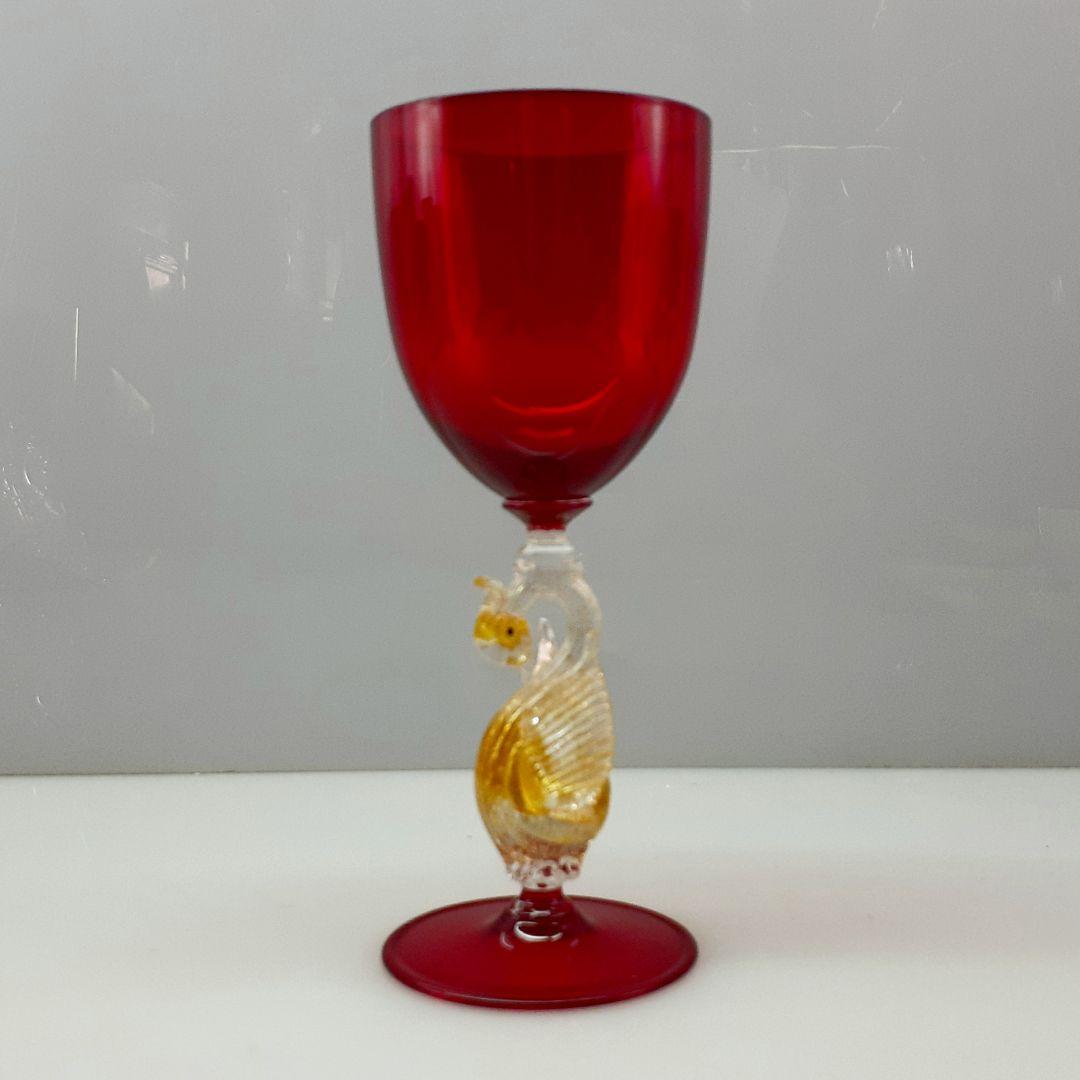 MURANO ムラノ 金彩 スワン モチーフ レッド グラス 美術品