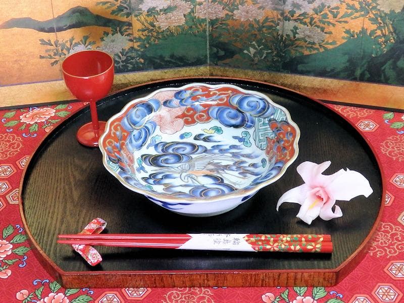 古伊万里 色絵 雲に双鶴の図 輪花膾皿 5客 B145AS-fbuz - メルカリ