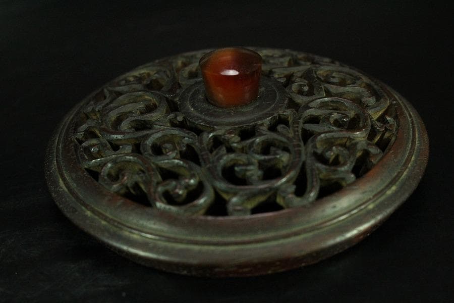 清水六兵衛作 青磁 唐木蓋 香炉 在銘 共箱(K-LC692)