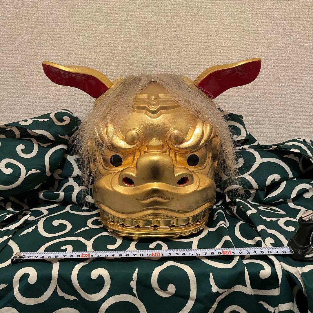 希少品 獅子舞 獅子頭 木彫 金彩 珍品