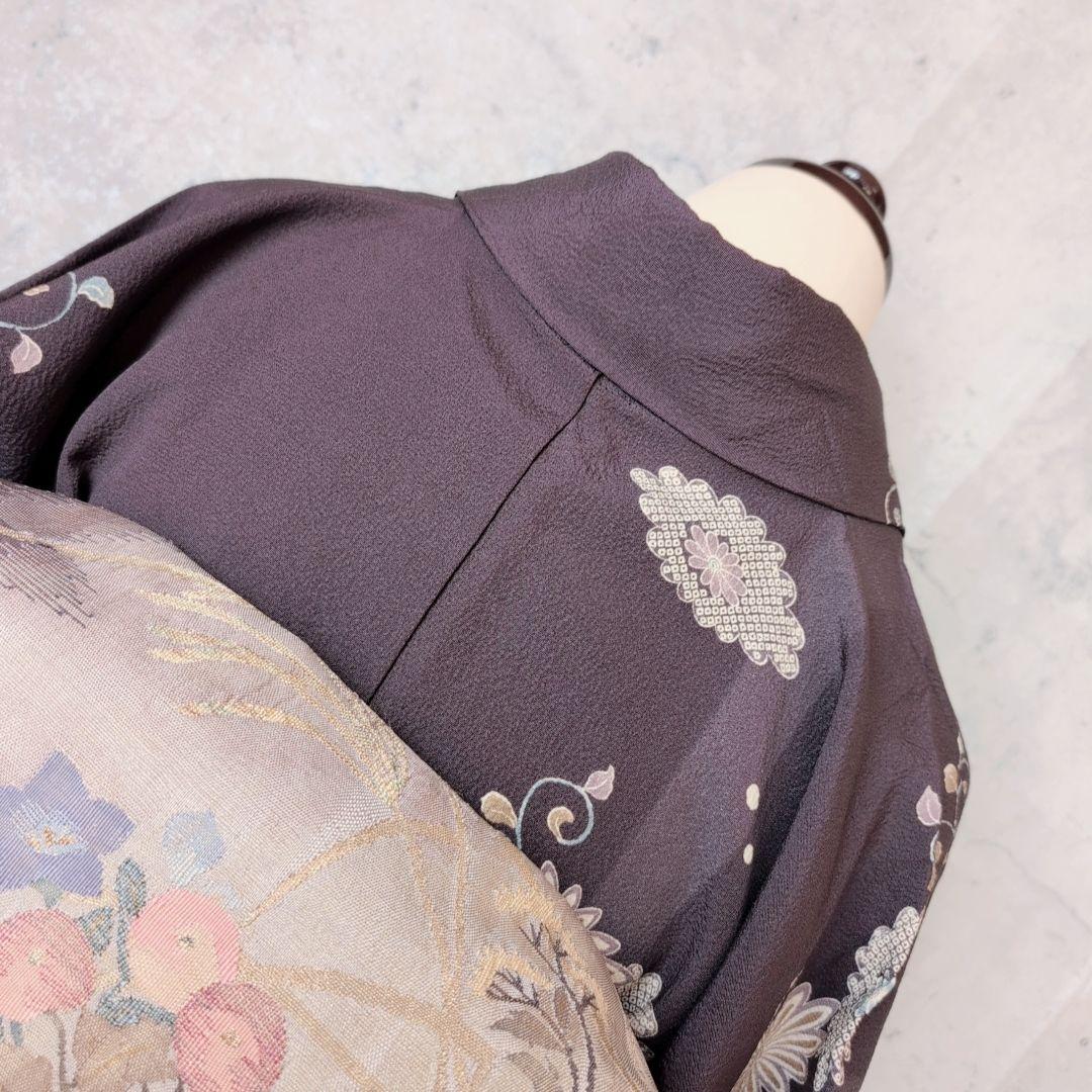 小紋 フルセット 着物 正絹 暗紫 花 おしゃれ F2