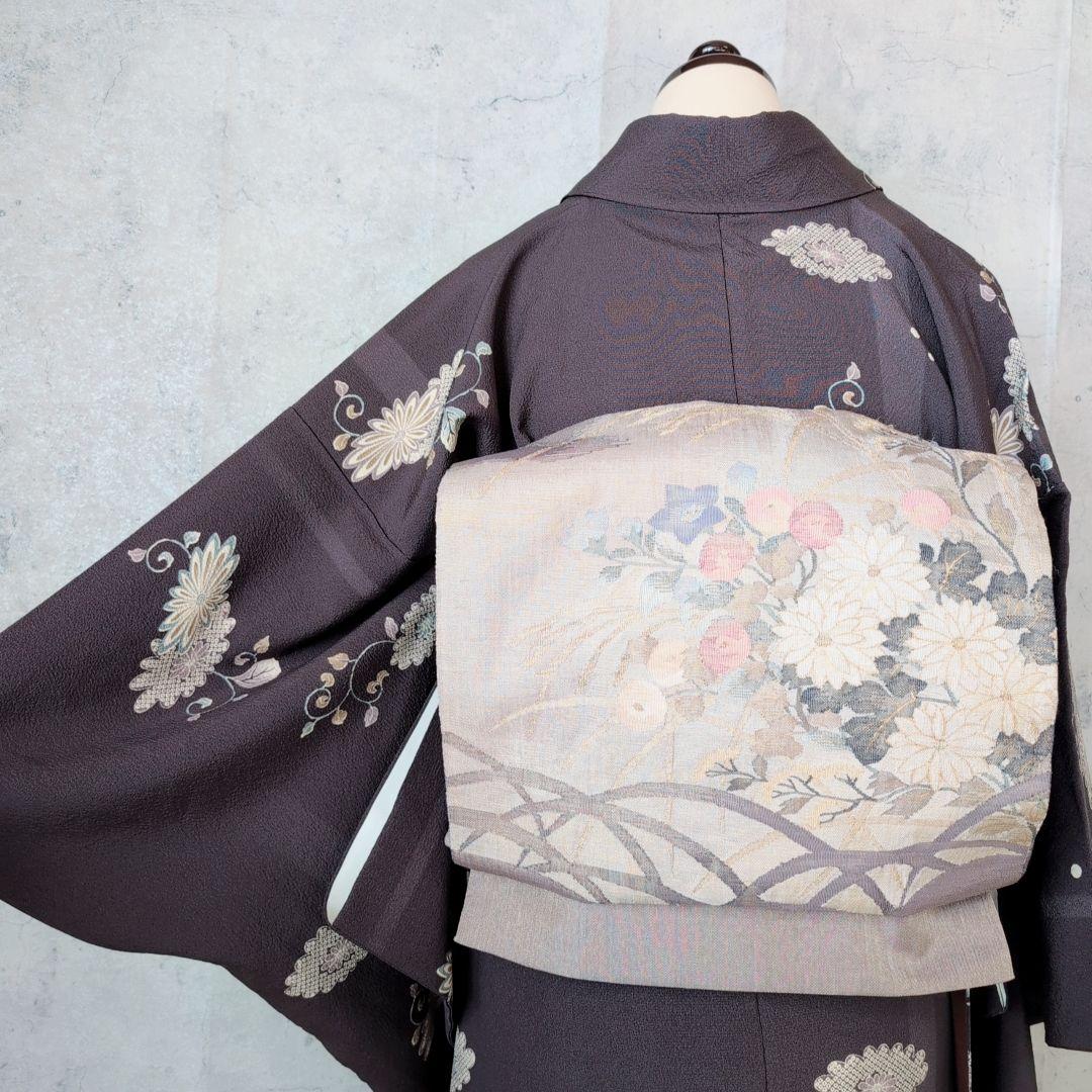 小紋 フルセット 着物 正絹 暗紫 花 おしゃれ F2