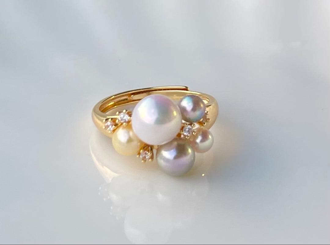 あこや真珠 ミラー調本真珠 s925リング 指輪 マルチカラー 一点物 白の序章
