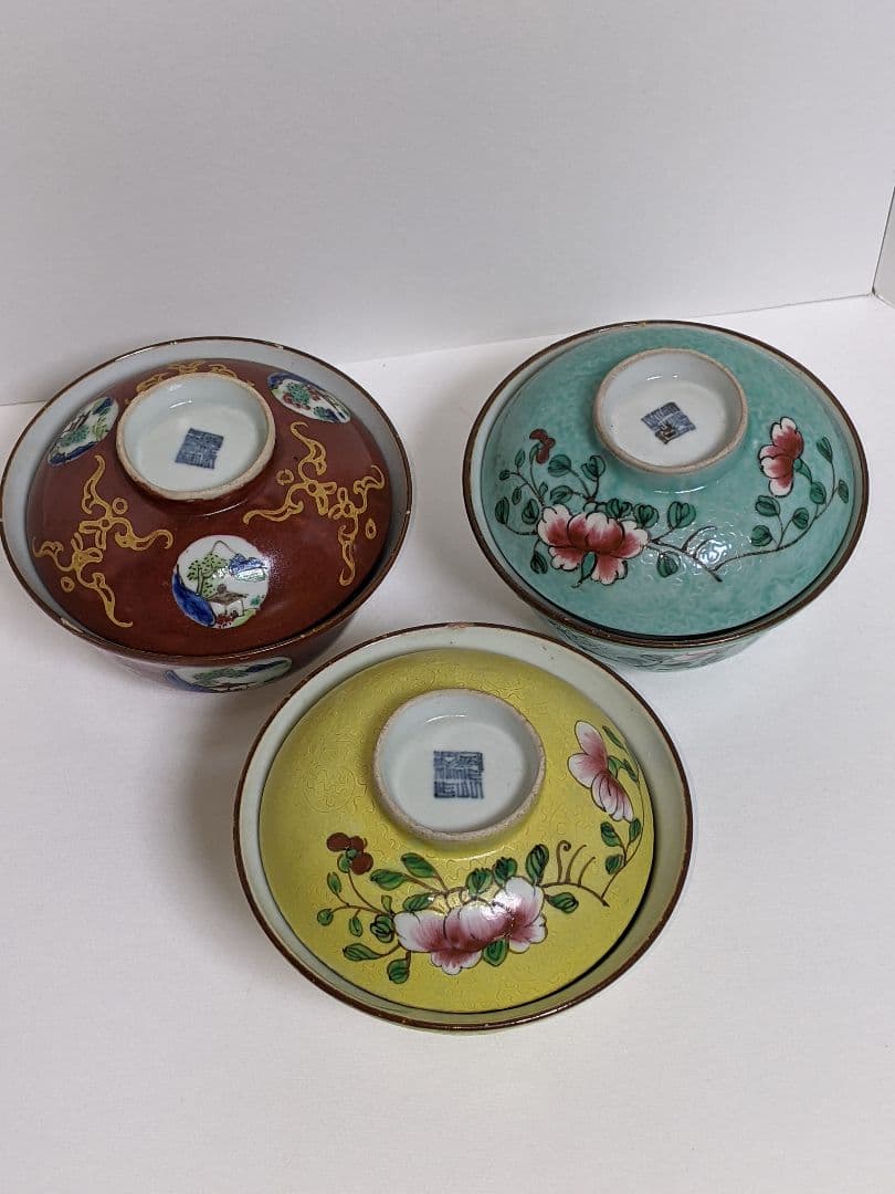 砥部焼、郡中十錦 茶碗3点