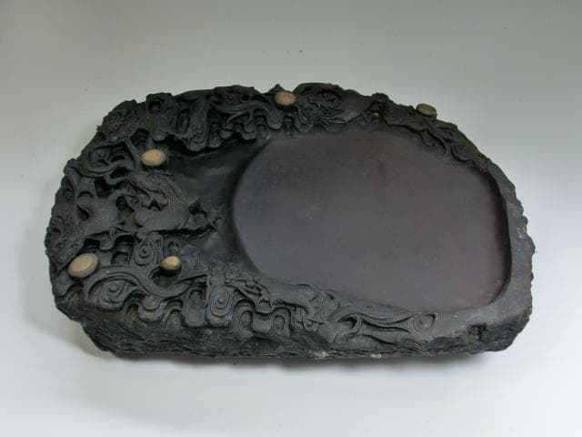 硯■端州石硯 端渓硯 龍彫刻 中国硯 竜紋 蓋付き 書道道具 時代物 骨董品■