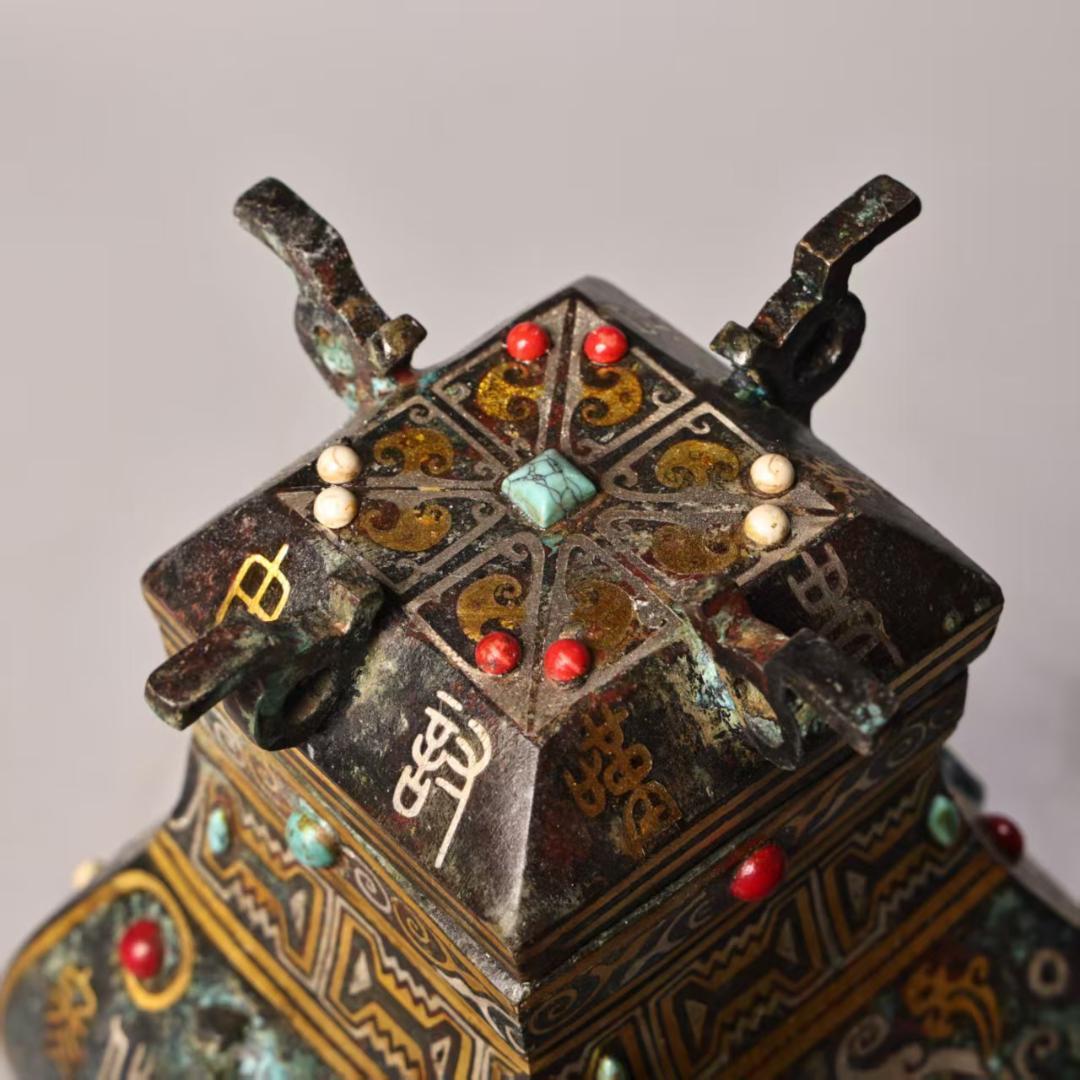 中国古美術 珍蔵 錯金銀 宝石嵌 青銅方花瓶 純青銅製 風水開運