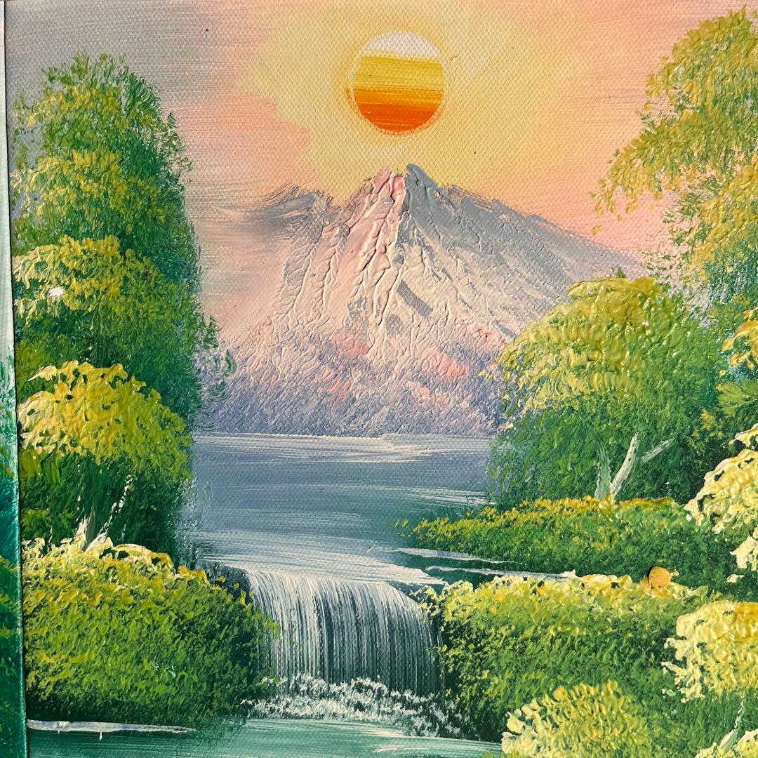 ☆大型絵画☆ 手書き油絵 3枚組 朝日と山河 額付 額付き 絵画 油彩画