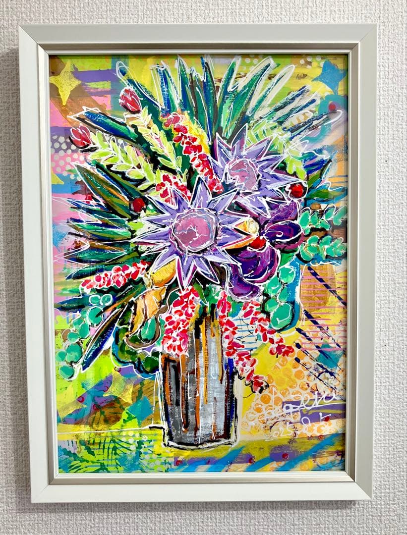 原画 花 額付き 花の絵 静物画 絵画 アクリル画 現代アート 手描き 一点