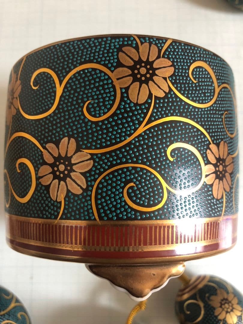 香炉 香合 風鎮 金彩 鉄仙 青粒 手描き 良山作 昭和当時物 陶磁器