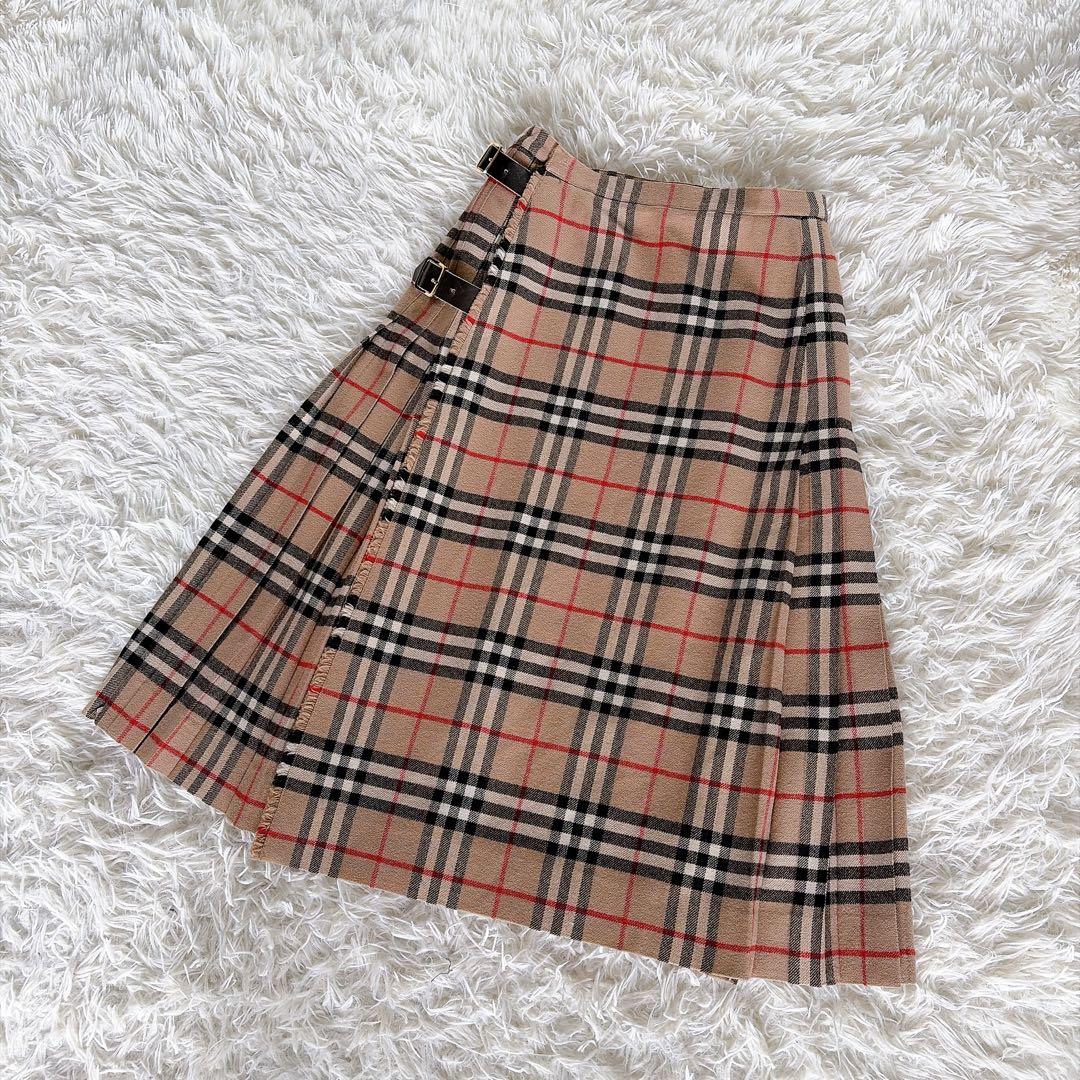 美品✨【バーバリーズ】ウール100%巻きプリーツスカート ノバチェック ベージュ