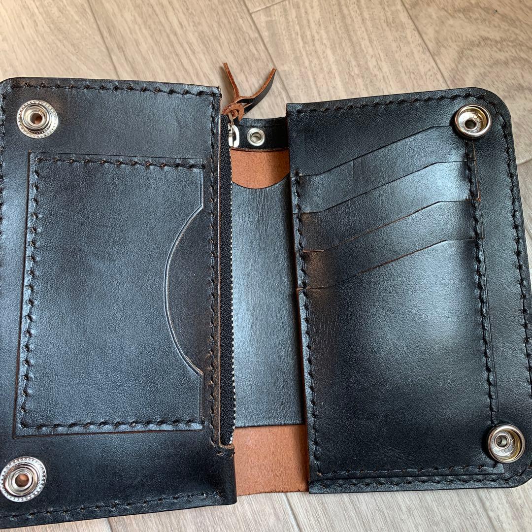 【茶芯ブラック】トラッカーウォレット　ミドル　ニッケル　お札を折らずに収納