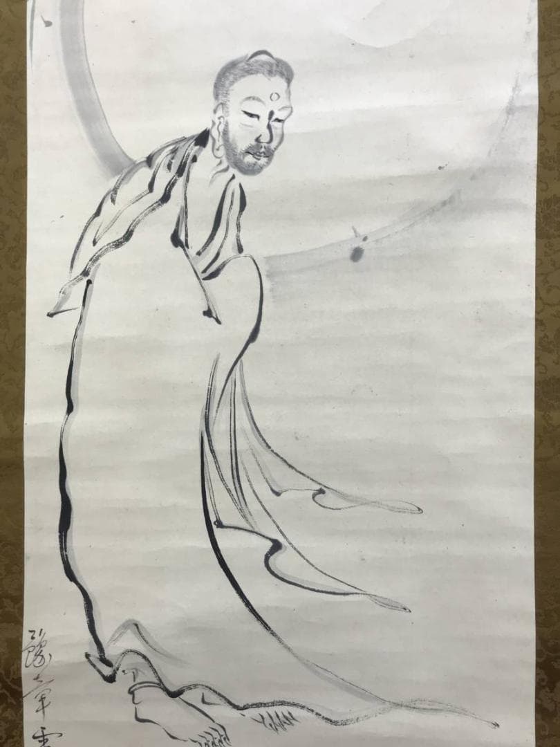 真作/雪斎画/子雲賛/釈迦下山画賛/シャカ図/人物図/掛軸☆宝船☆AE-338