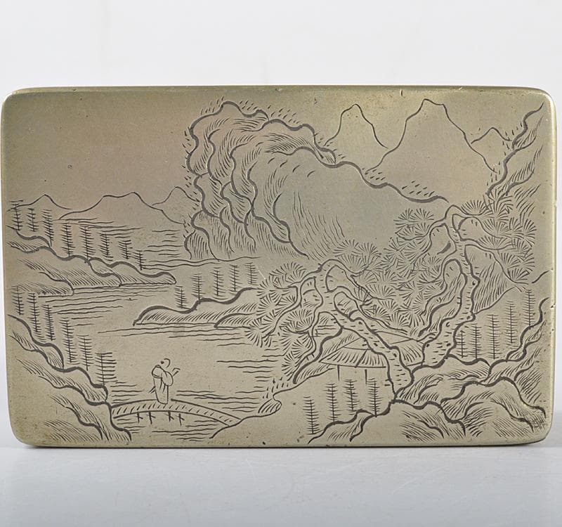 中国美術　古銅　山水人物刻　墨箱　松鶴銘 C R4316