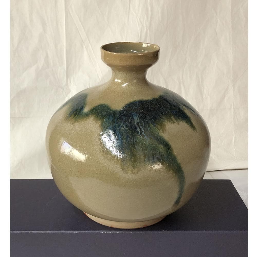 e3050 黒井一楽 虫明焼 青釉流し 花入 共箱 蕪形 高さ17.5cm - メルカリ