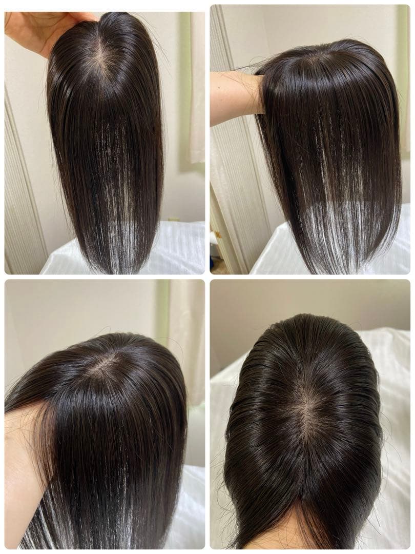 高級人毛100% ヘアピースブラウン34シルクスキン総手植え引き抜き前髪なし