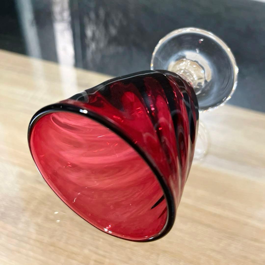 骨董 時代 希少金赤ガラス モールガラス調 流線型 アイスコップ ウラン