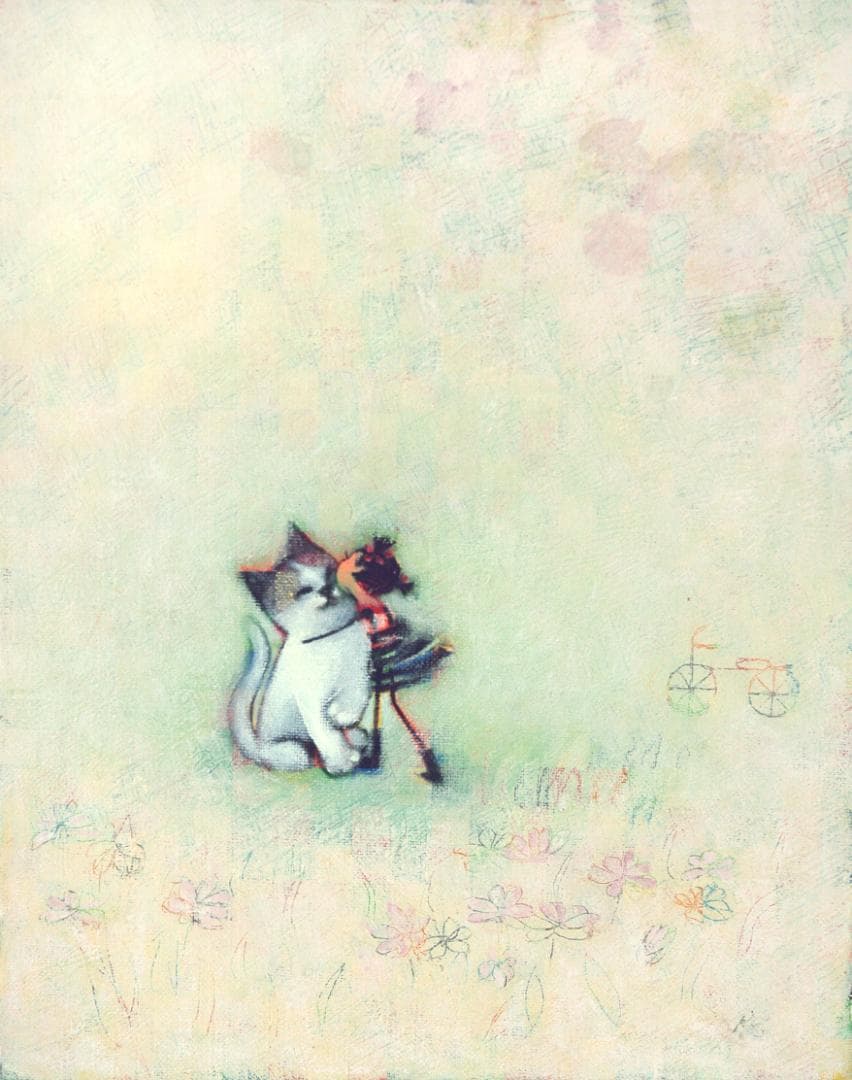 油絵 菅家令子 絵 絵画インテリア 額付(銀) F3-051621 子猫と女の子