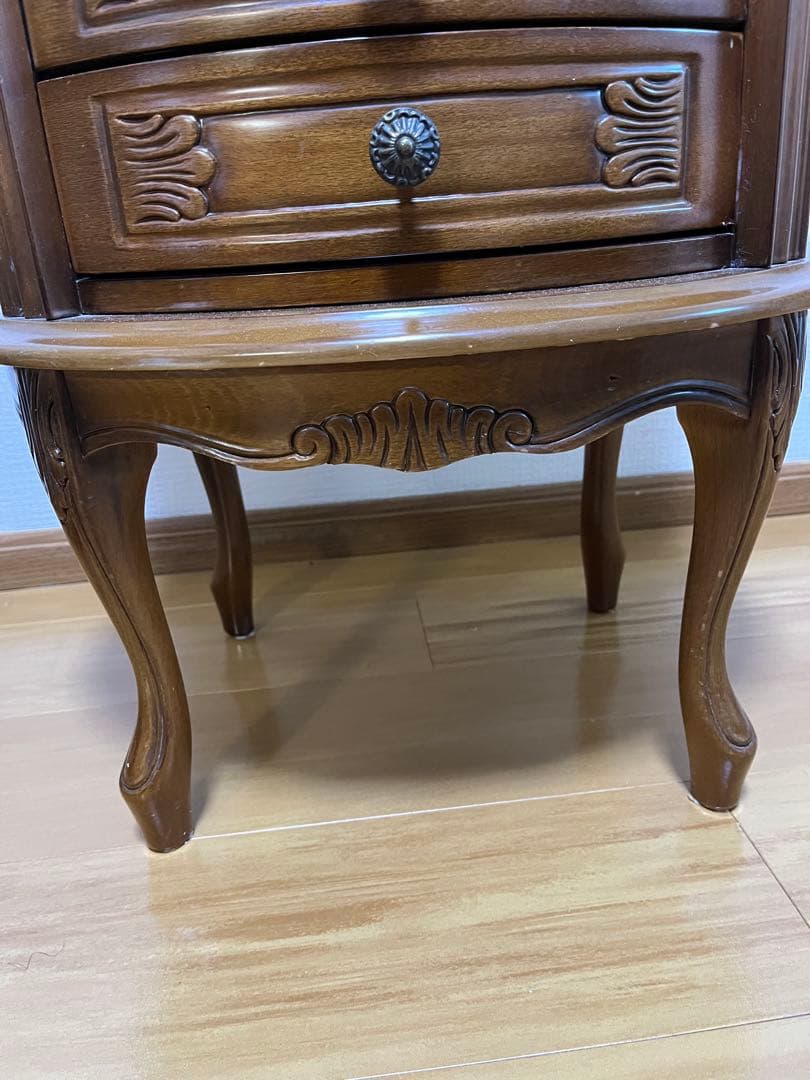 アンティーク調 木製サイドチェスト 4段引き出し 丸テーブル