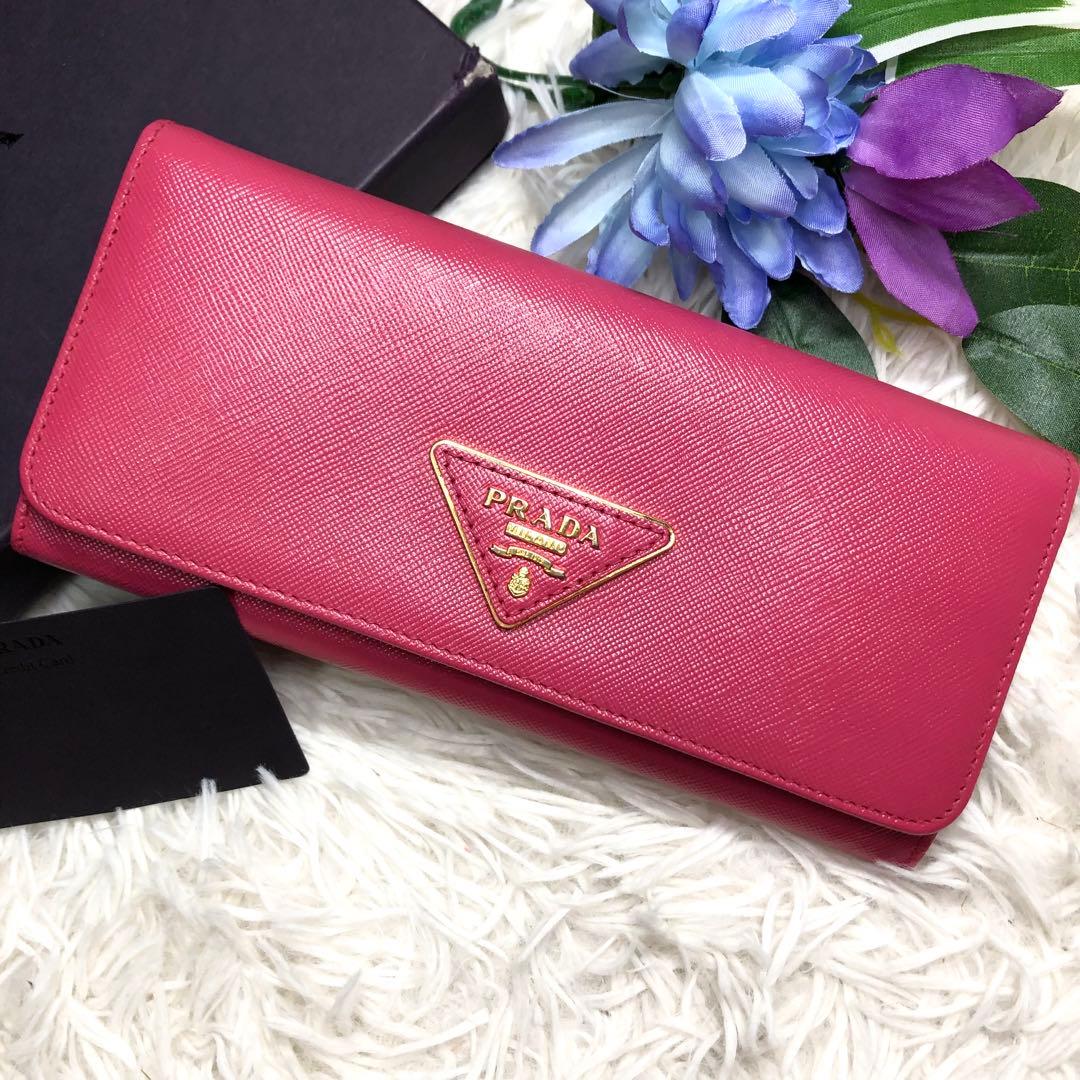 極美品✨PRADA 三つ折り 三角ロゴ サフィアーノ レザー ピンク 財布