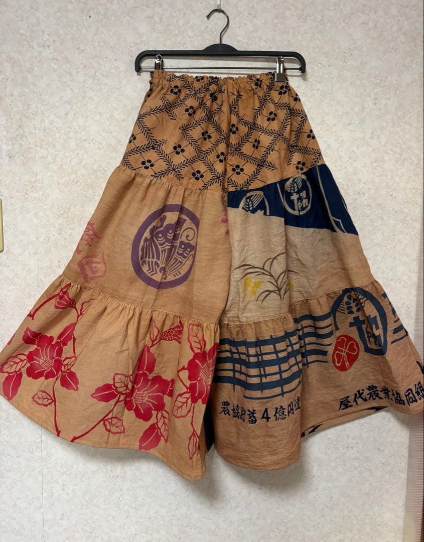 柿渋染め手ぬぐいと浴衣を使った3段ティアードパンツ　金魚　豆絞り