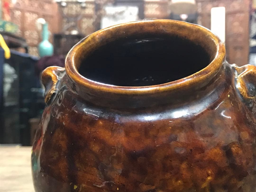 江戸期？骨董　飴釉壺　双耳付き花瓶　在銘　民藝　古民家　茶道具