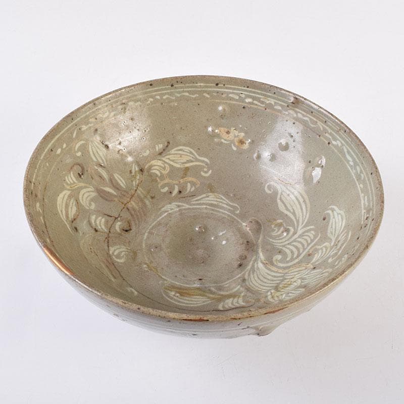 朝鮮美術 李朝 高麗青磁 象嵌花文碗 金継ぎ直し V R8968 三里