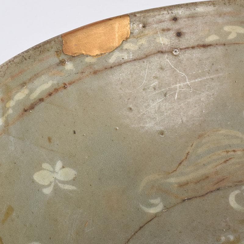 朝鮮美術 李朝 高麗青磁 象嵌花文碗 金継ぎ直し V R8968