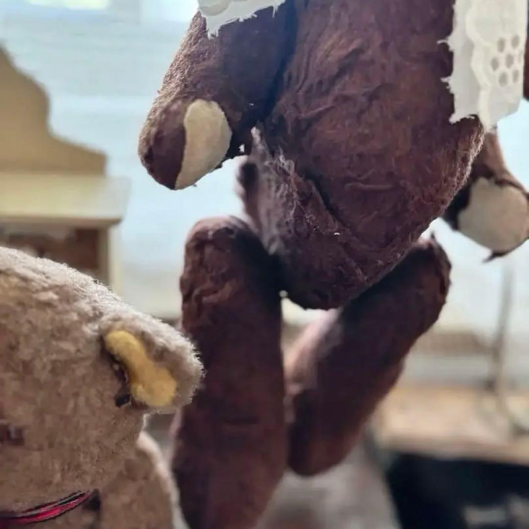 アンティーク　テディベア 茶色のリボン付きぬいぐるみ 約30cm