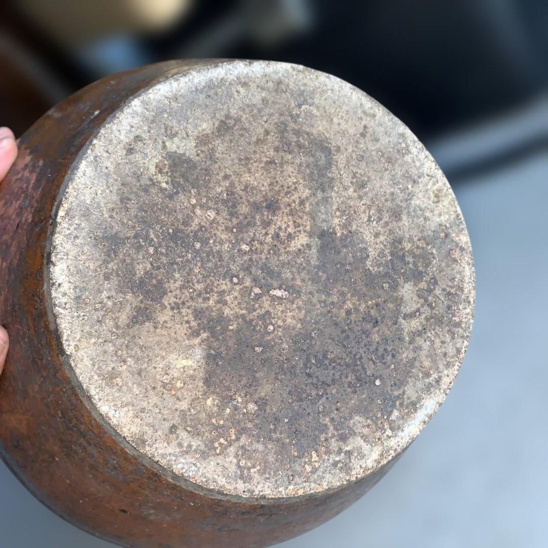 茶色の陶器製，百年灰釉双耳壺 特大32.6㎝ 日本古陶