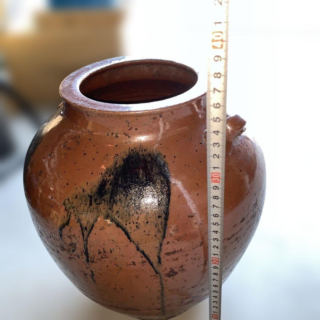 茶色の陶器製，百年灰釉双耳壺 特大32.6㎝ 日本古陶