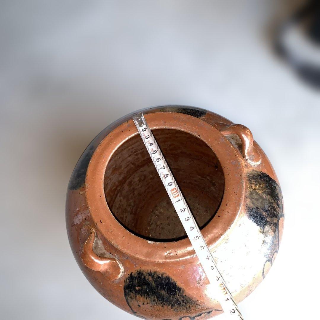 茶色の陶器製，百年灰釉双耳壺 特大32.6㎝ 日本古陶