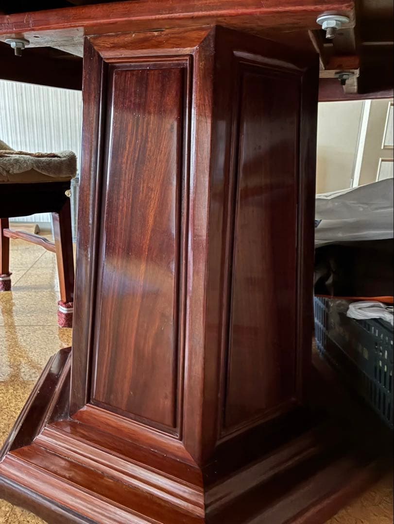 ≪引き取り限定≫円形木製中華テーブル 花模様インレイ　椅子セット(5脚)