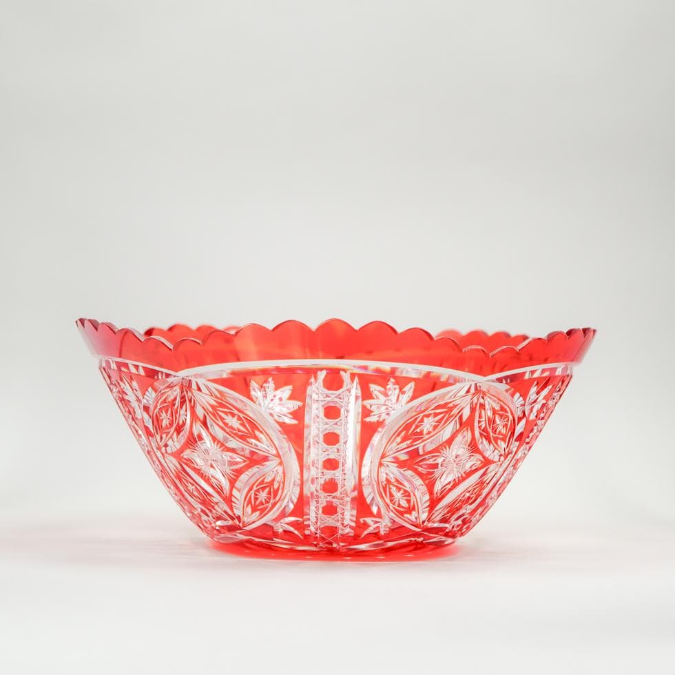 ボヘミアガラス 朱色 ボウル 32cm 花生け 花彫り ボウル L 赤紫｜和