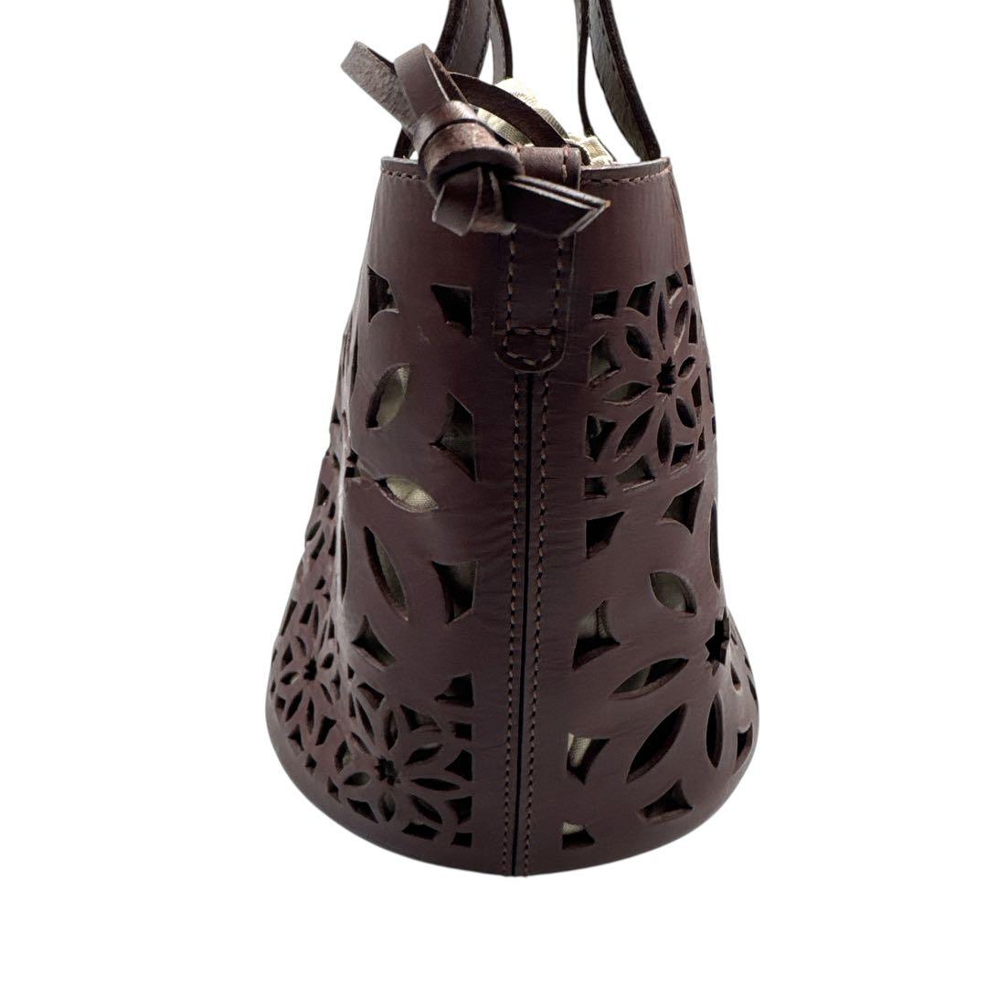 新品未使用 genten ゲンテン カットワーク ハンドバッグ 巾着付 茶 本革