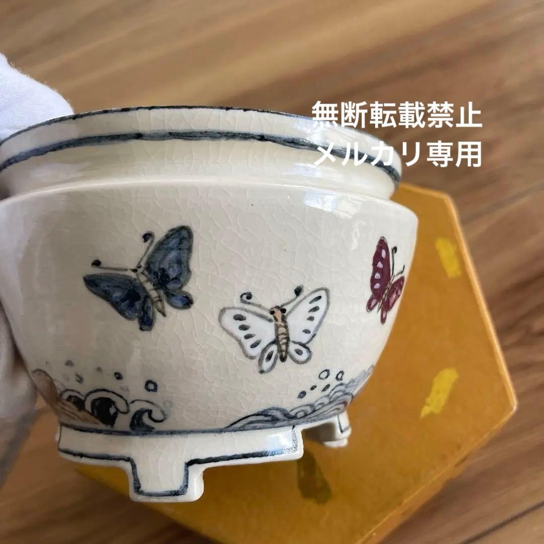 盆栽鉢 丸鉢 絵鉢 桑津香石 蝶柄 山野草 小品盆栽 ミニ 盆栽鉢 桑津香