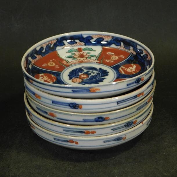 【時代磁器　錦手草花紋　小皿（五枚）富貴長春銘】