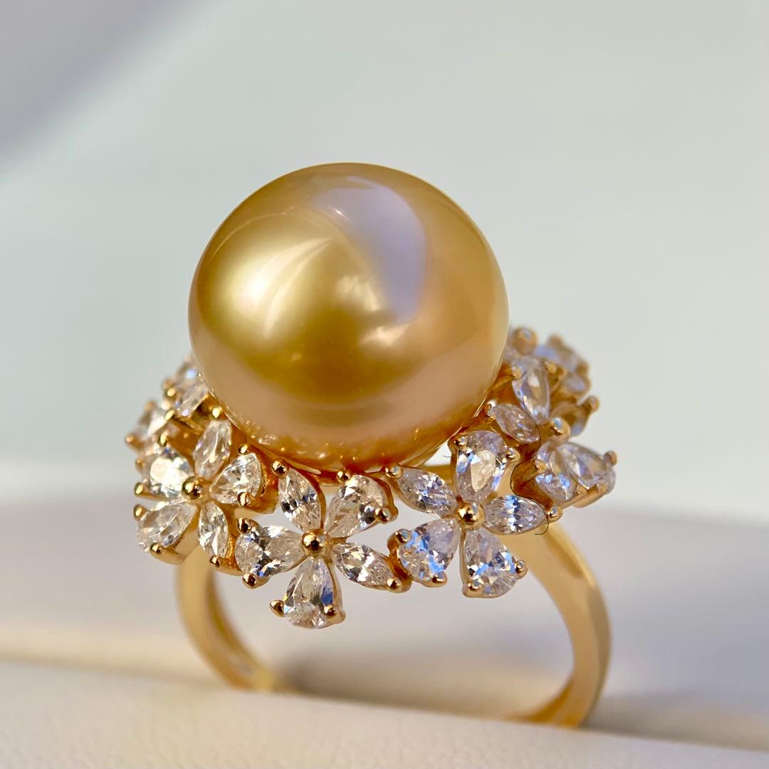 本真珠南洋白蝶真珠　茶金12.9㍉花モチーフs925リングY1018