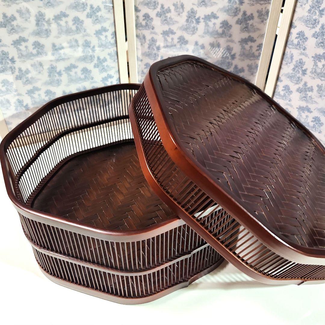 未使用 駿河竹千筋細工 然林房 八角茶櫃(ちゃひつ)網代編み 茶道具