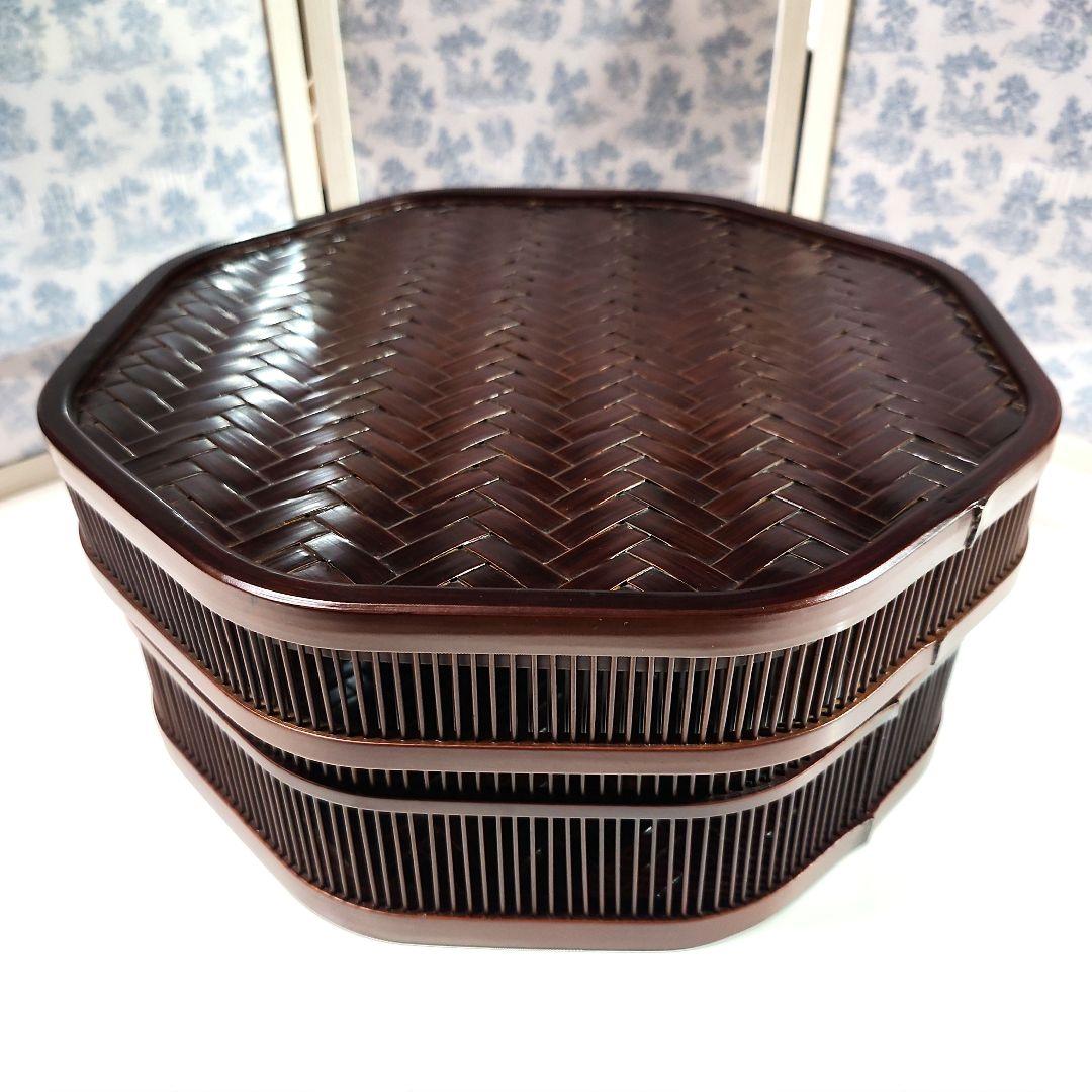 未使用 駿河竹千筋細工 然林房 八角茶櫃(ちゃひつ)網代編み 茶道具