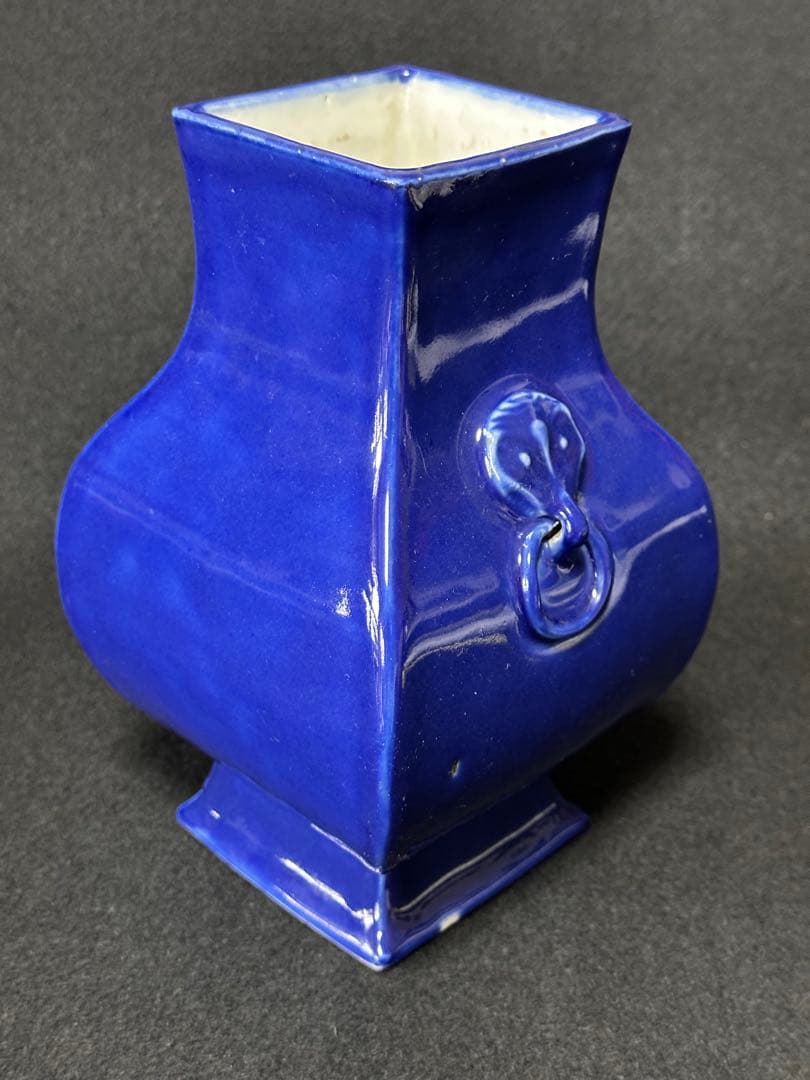 古美術 清 藍釉双耳花瓶 瑠璃釉 高さ約19.5cm 花