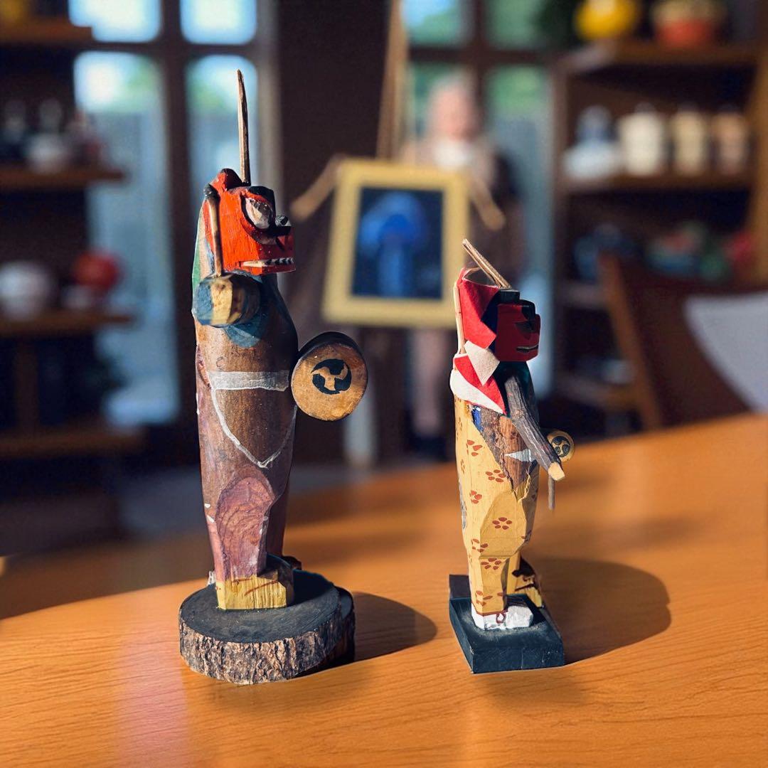 廃絶品 埼玉県飯能市 郷土玩具 大河原宏彰 丸木彫人形《獅子舞》 ×2 美楽堂