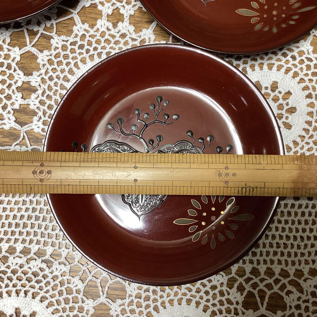 k2f7 漆器製 赤茶色の桐菊模様皿 24枚セット