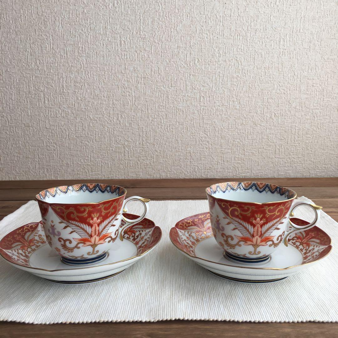 1603 有田焼 賞美堂 其泉窯 赤濃金彩唐草コーヒー碗皿2客セット 未使用品