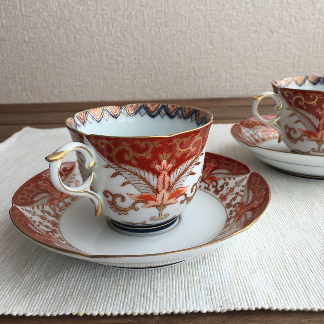 1603 有田焼 賞美堂 其泉窯 赤濃金彩唐草コーヒー碗皿2客セット 未使用品