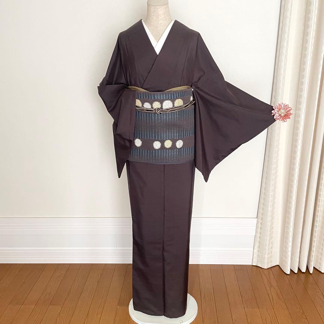 深茶ドット牛首紬 正絹小紋着物