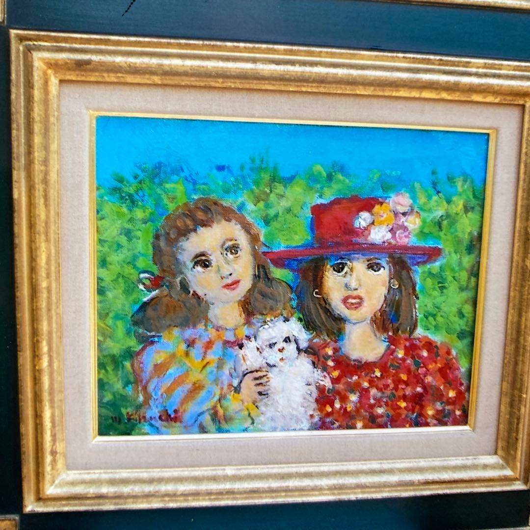 絵画油絵油彩画菊地正則F3号「仲良し二人」美品額付きサインアート