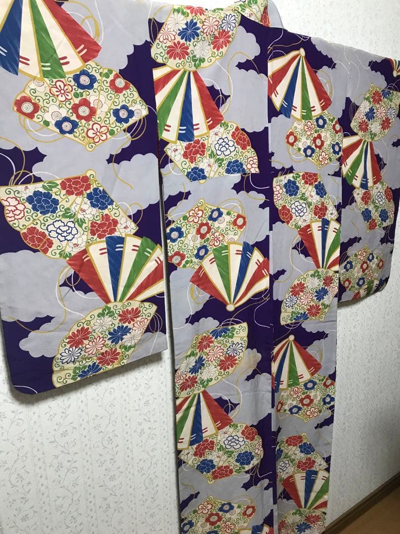 アンティーク着物　扇子　レトロな配色　大人　ジュニア　　袴にも