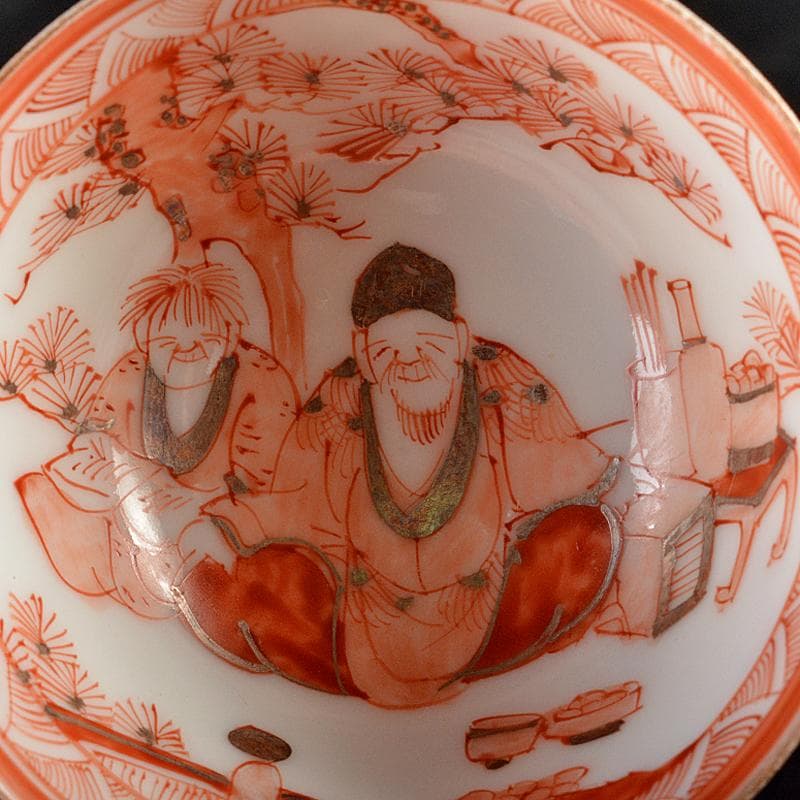 えびいち　赤絵山水人物文　徳利　猪口　一對　時代箱　M　R5942