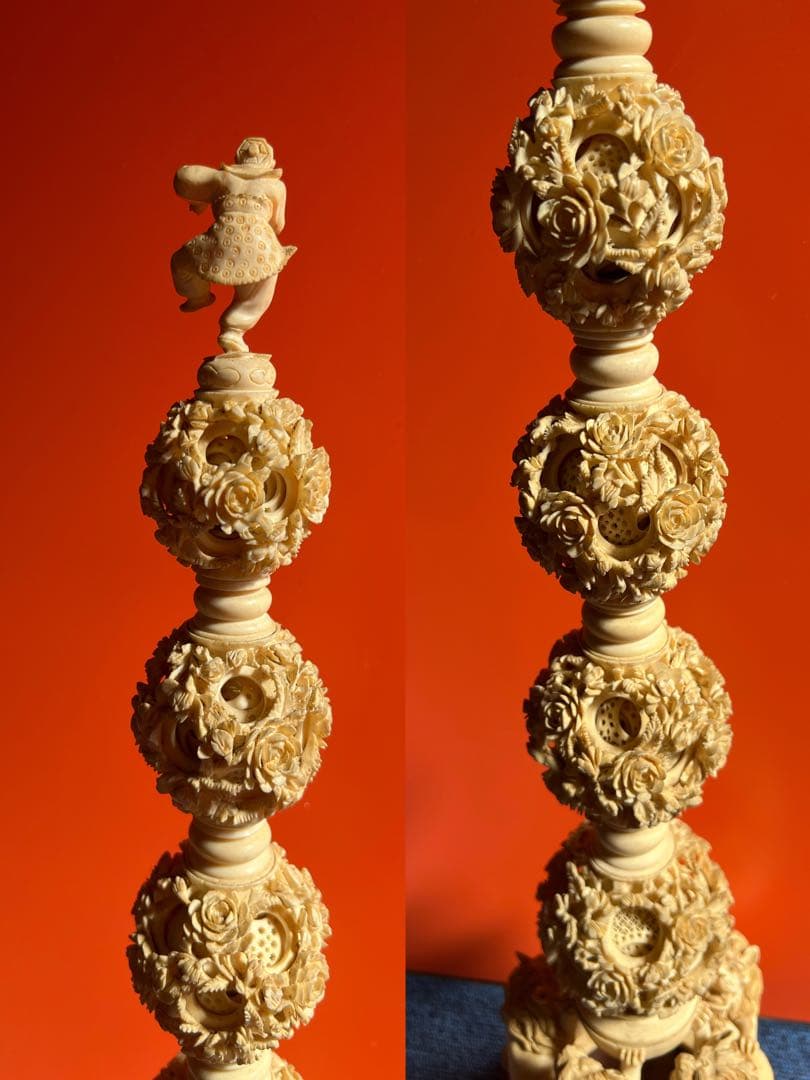 1081 中国美術 多層球 彫刻 約全長70cm 猴 天球儀 置物