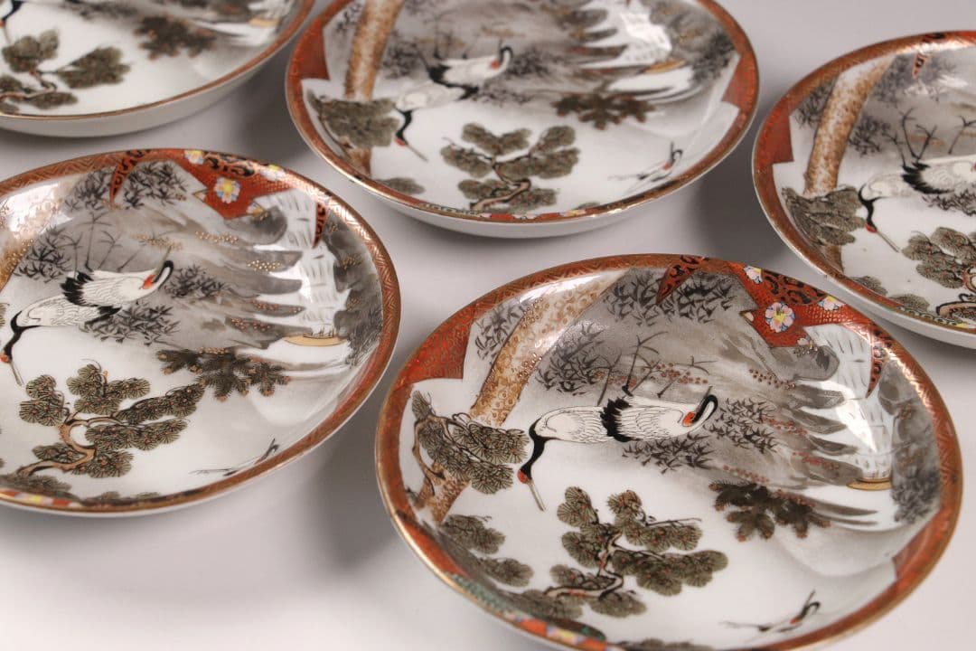 CH85 時代 九谷焼 福栄 金彩色絵 小皿 六客 12.2cm 山水 鶴松